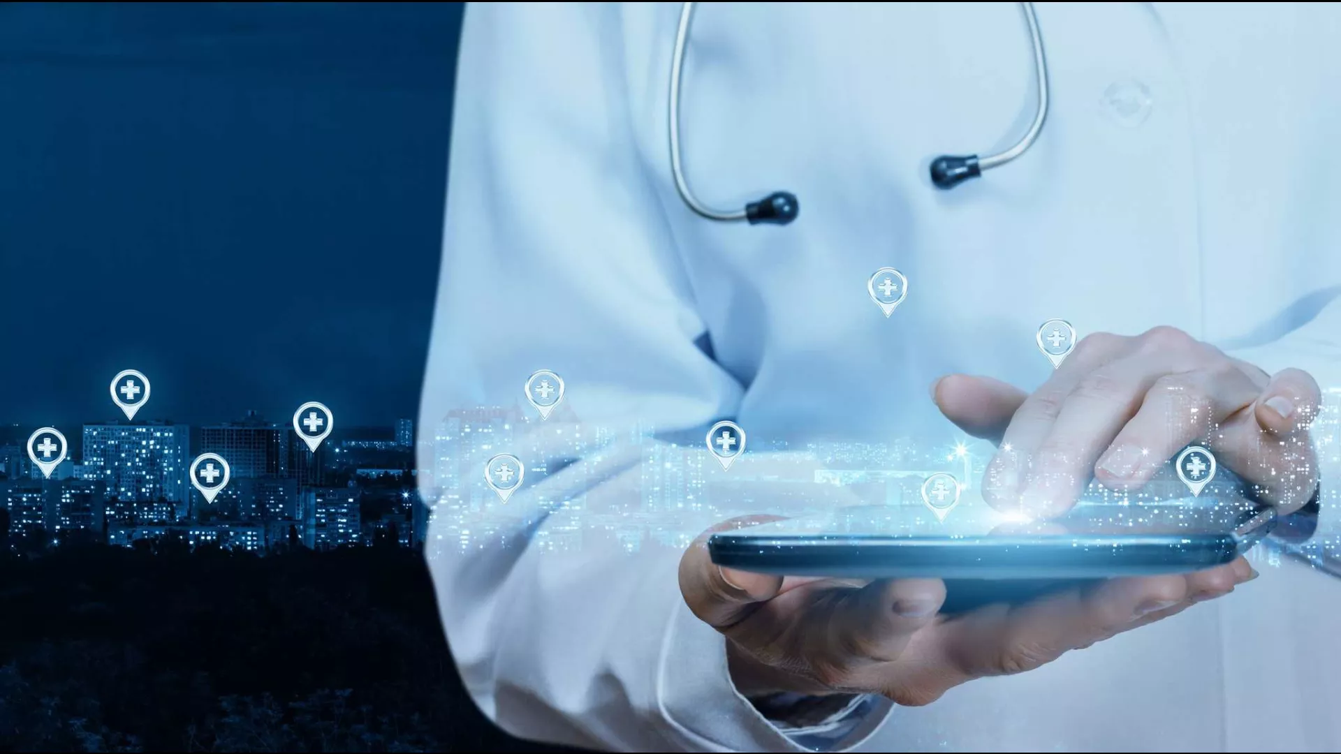 A doctor holding a tablet with digital icons